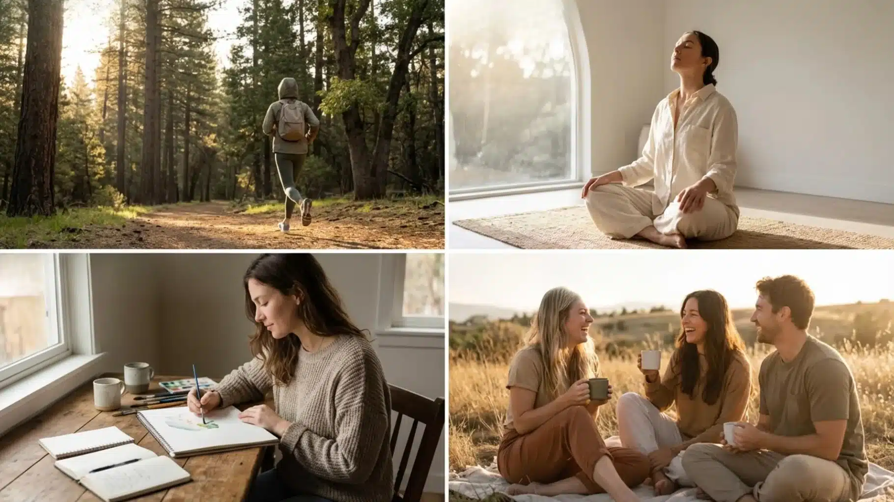 collage showing person hiking in forest, woman meditating, person drawing at table, and friends relaxing together