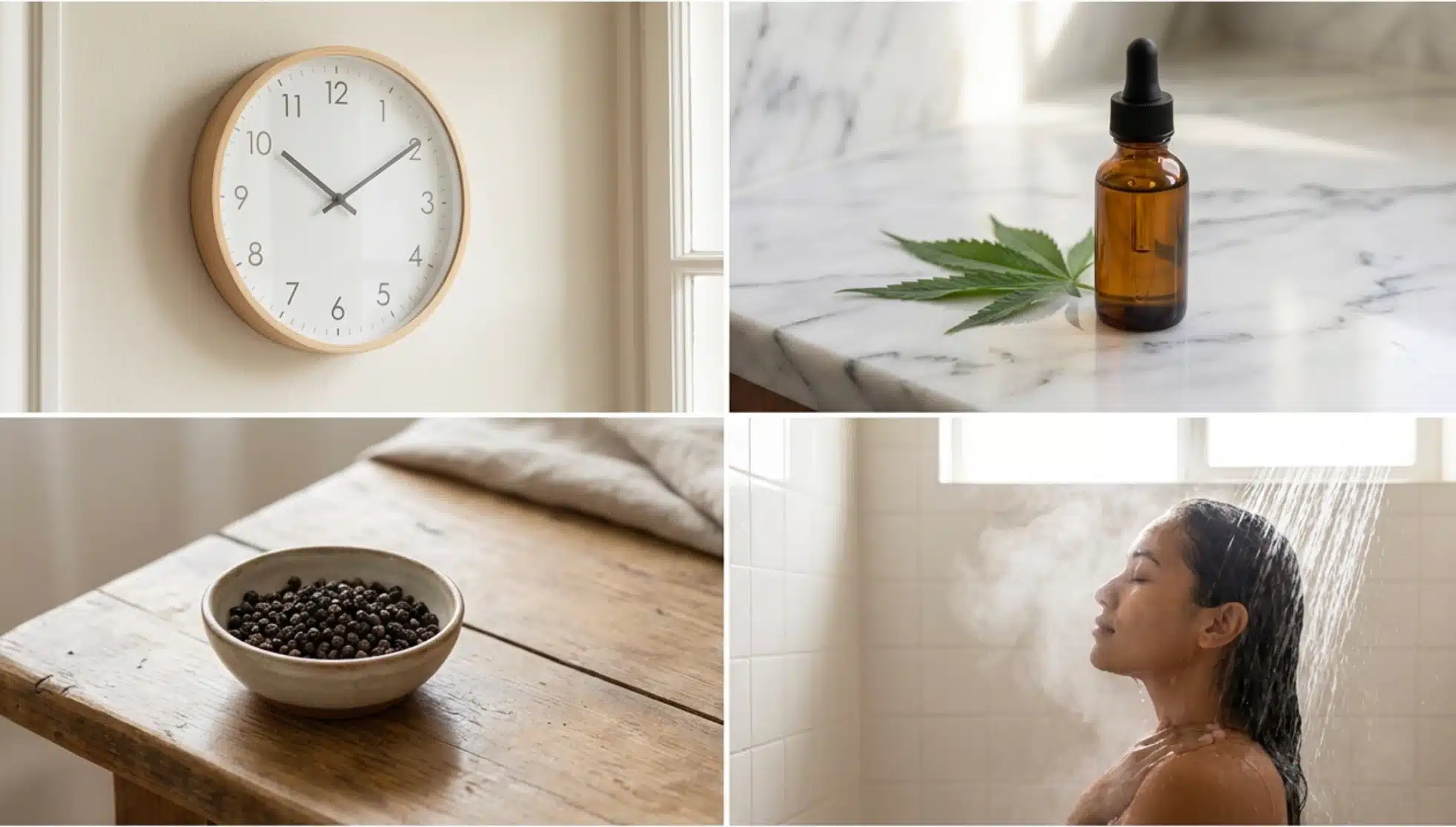 collage showing wall clock, cbd oil bottle with leaf, bowl of black pepper, and person taking shower for calming effects
