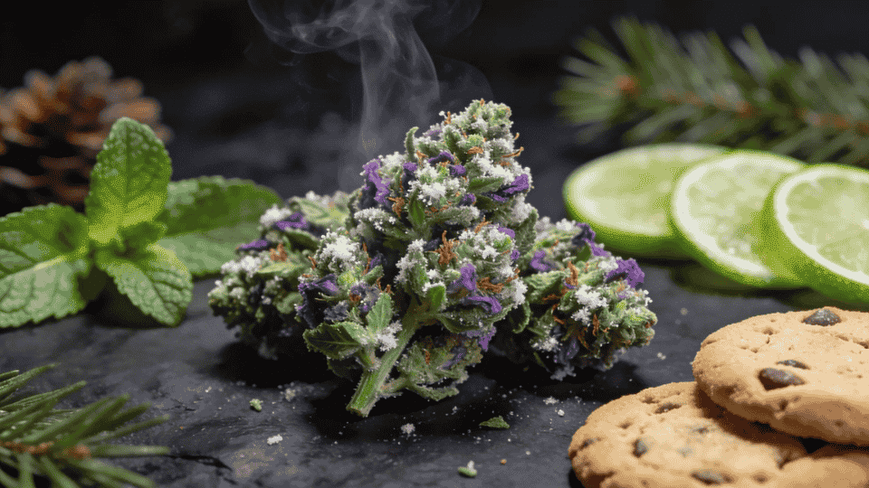 do si dos buds with mint lime and cookies on dark surface with light smoke and frosty trichomes