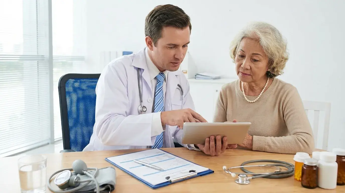 doctor showing medical info on a tablet to elderly woman in clinic with medical tools and prescription bottles