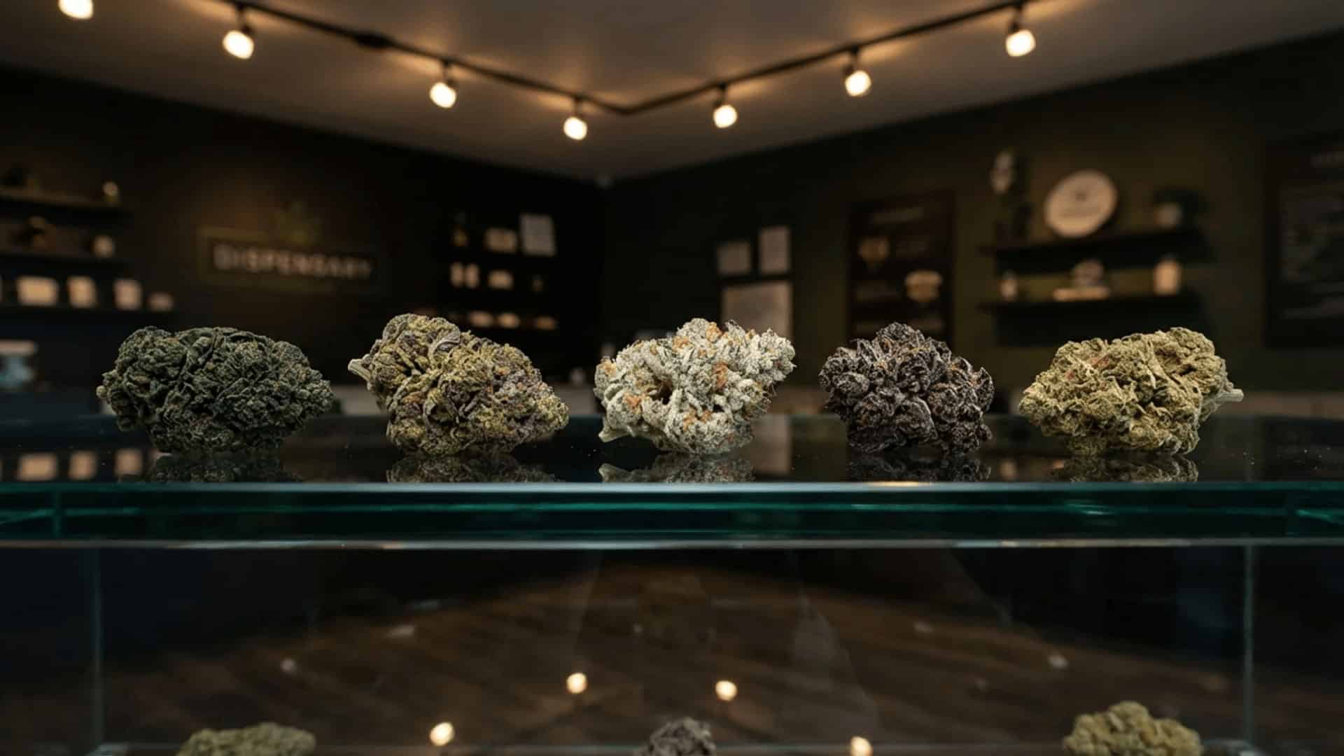 five premium cannabis strain buds arranged side by side on glass counter with distinct colors and soft spotlighting
