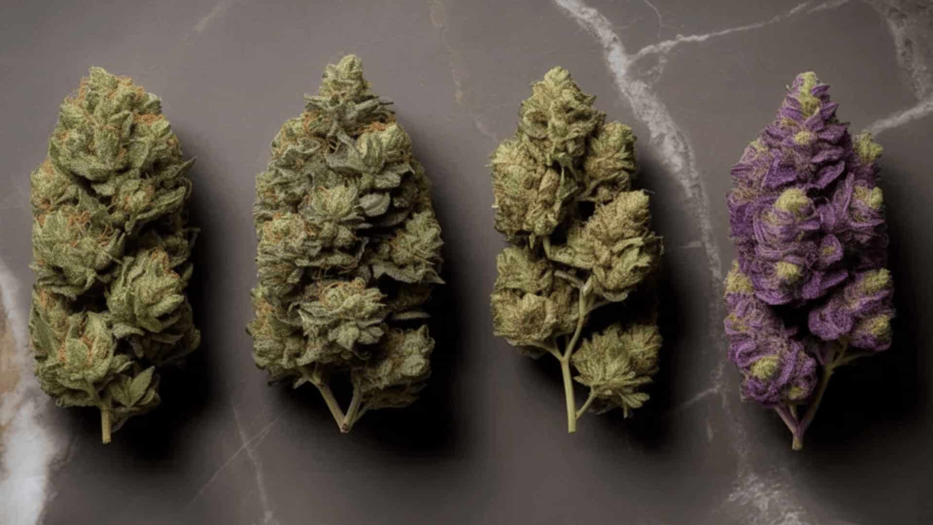 four jealousy strain variants side by side on marble surface classic jealousy 12 bx1 and runtz buds compared
