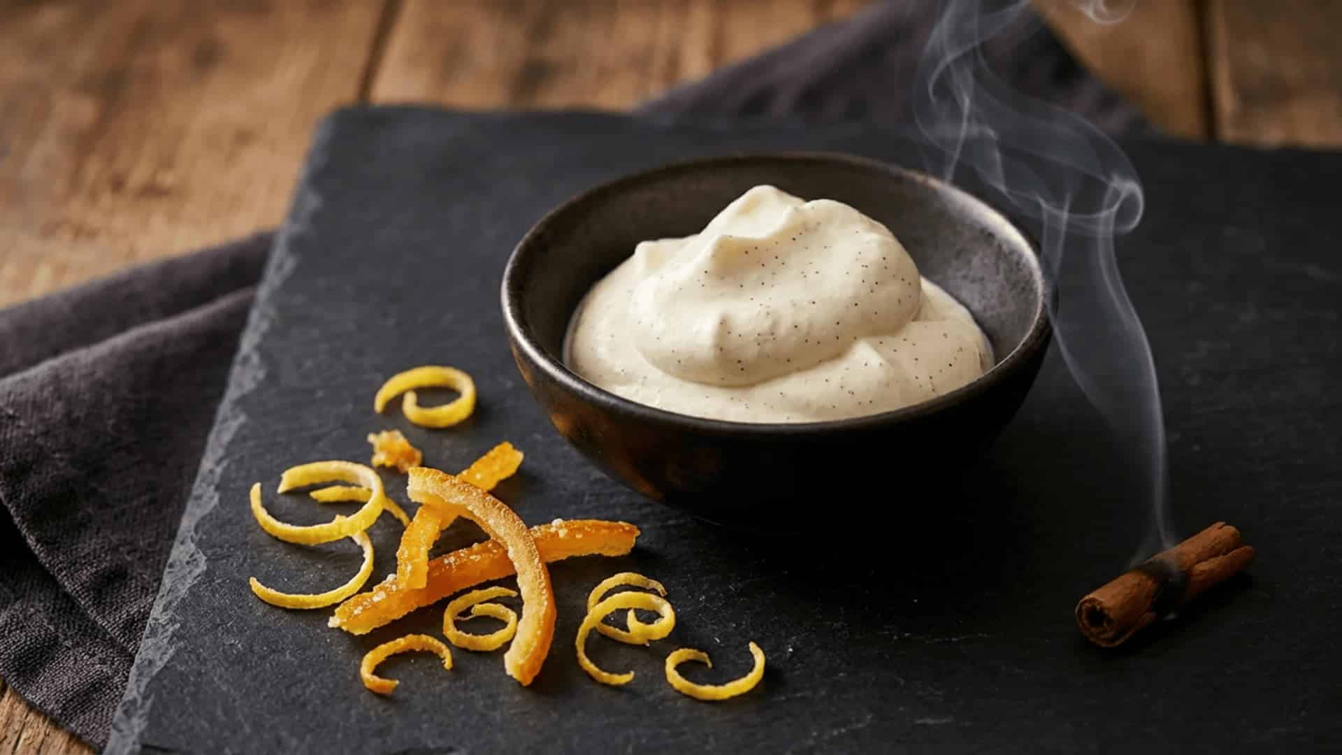 fresh cream dollop citrus zest slices and soft smoke wisps on dark moody background with warm earthy tones