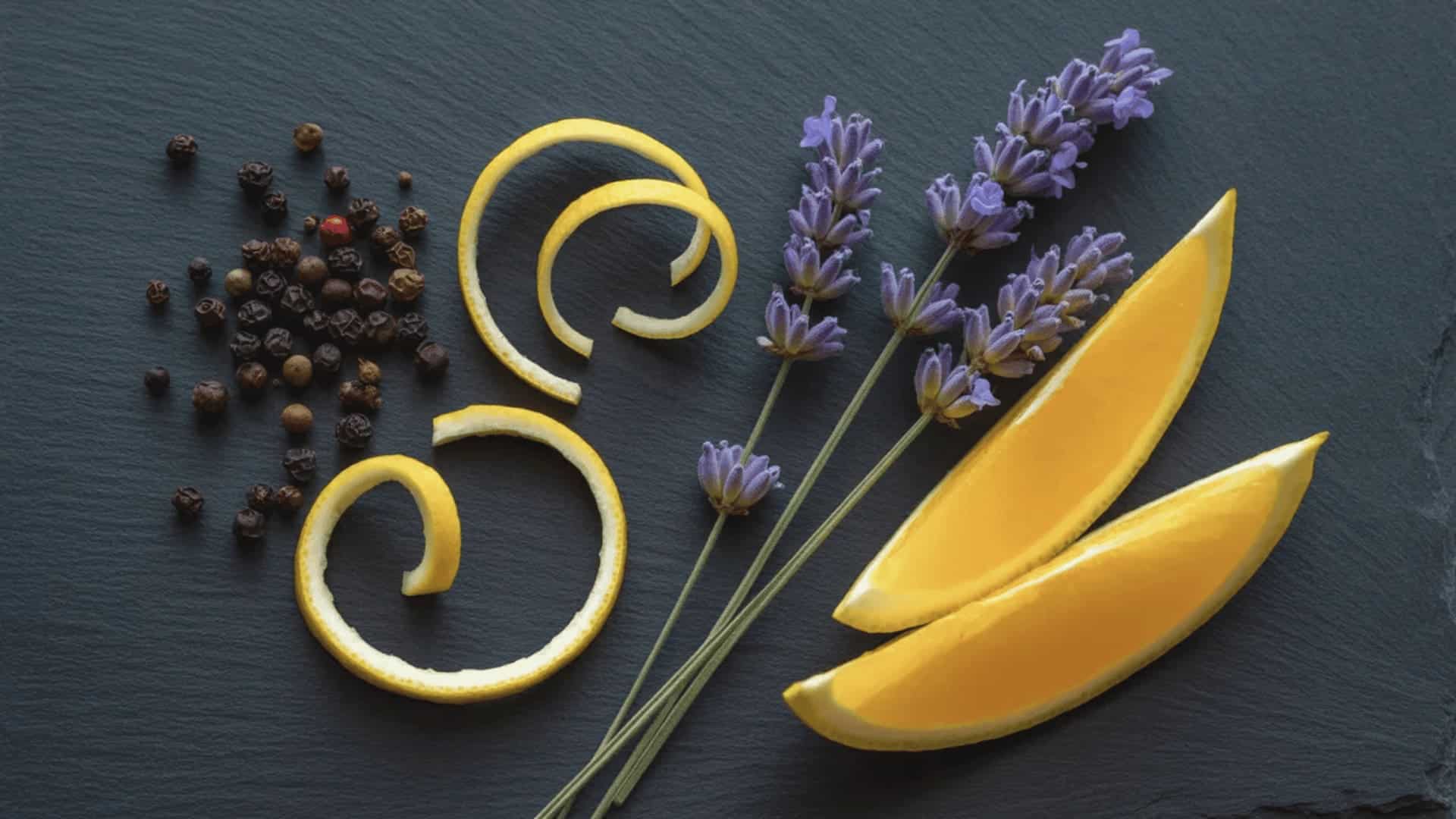 gelatti cannabis aroma ie black pepper lemon rind lavender and mango slices on dark slate surface