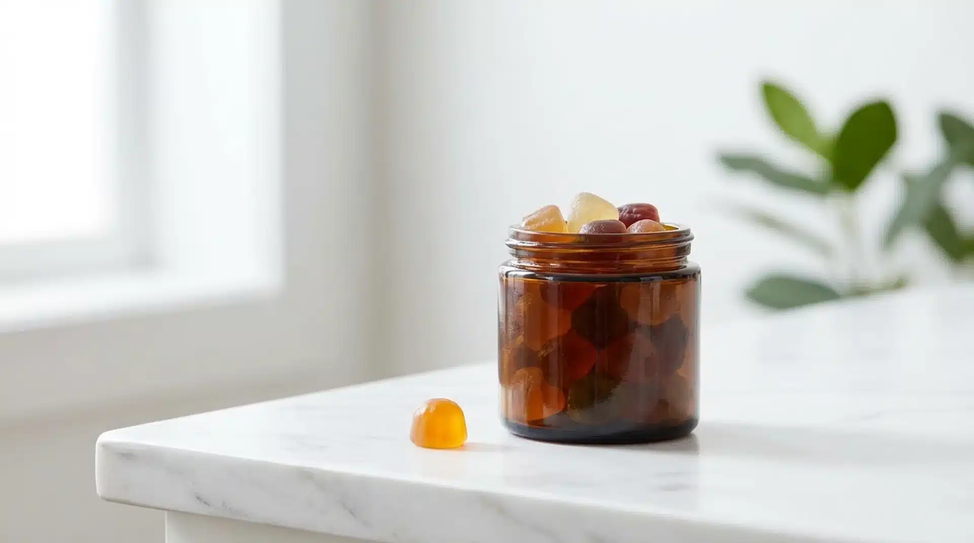 glass jar filled with gummy candies on white countertop, with one piece placed outside, blurred plant in background