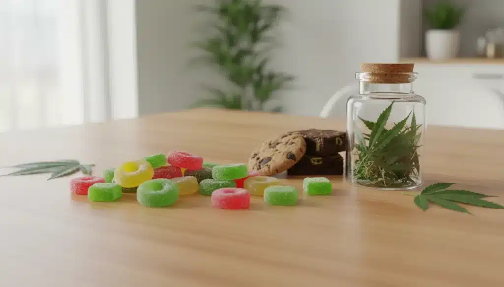 healthcare and cannabis concept, CBD gummies and cannabis edibles on a clean wooden table, small glass jar with hemp leaves