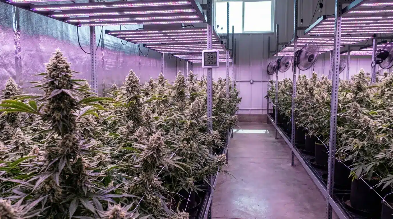 indoor cannabis grow room with rows of plants under led lights, ventilation fans, and dense flowering buds