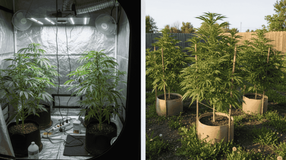 indoor grow tent with lights and fans on left, outdoor cannabis plants in soil pots under sunlight on right in split view