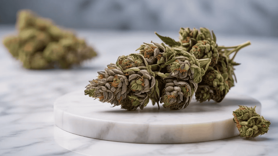 italian ice weed strain showing frosty trichomes and vibrant colorful buds (1)