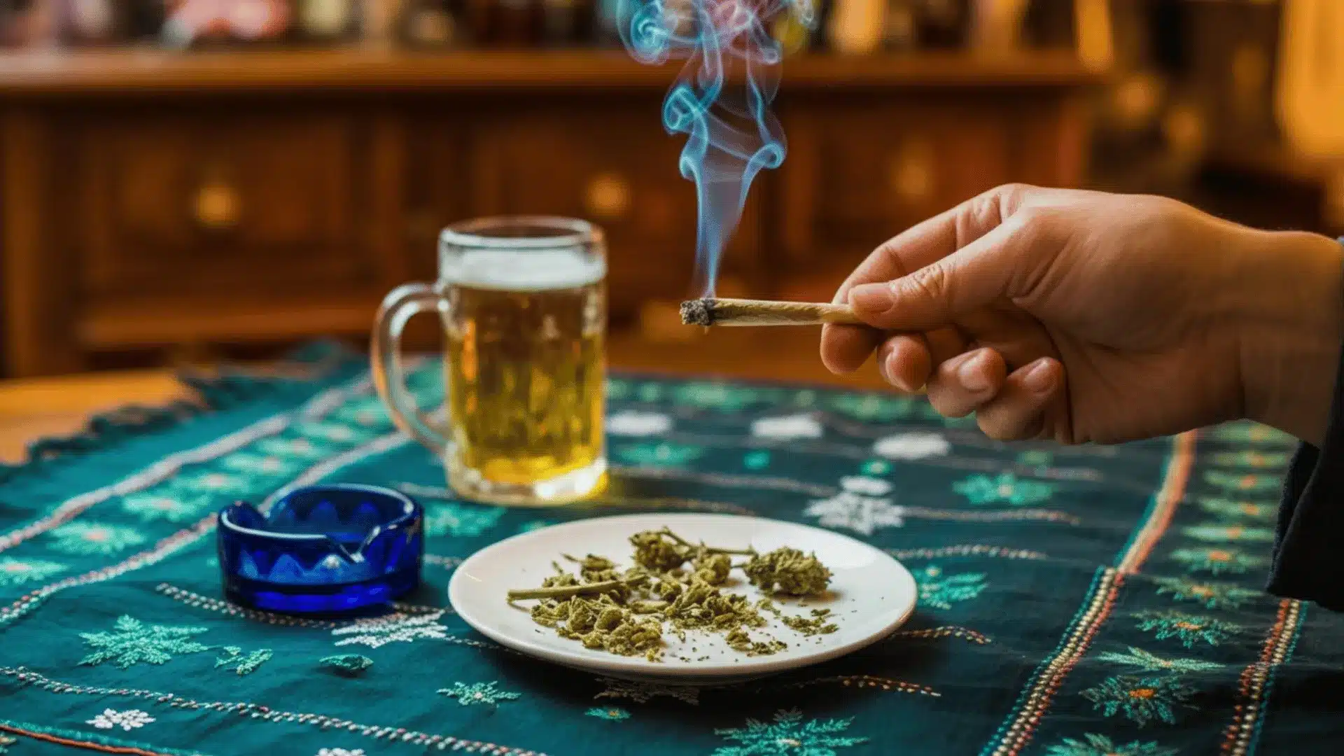joint in between the fingers being smoked on a dark patterned tablecloth with green embroidered snowflake designs