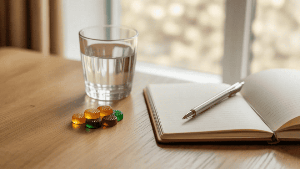 low dose cannabis gummies with notebook pen and water on table representing safe edible use and dose tracking