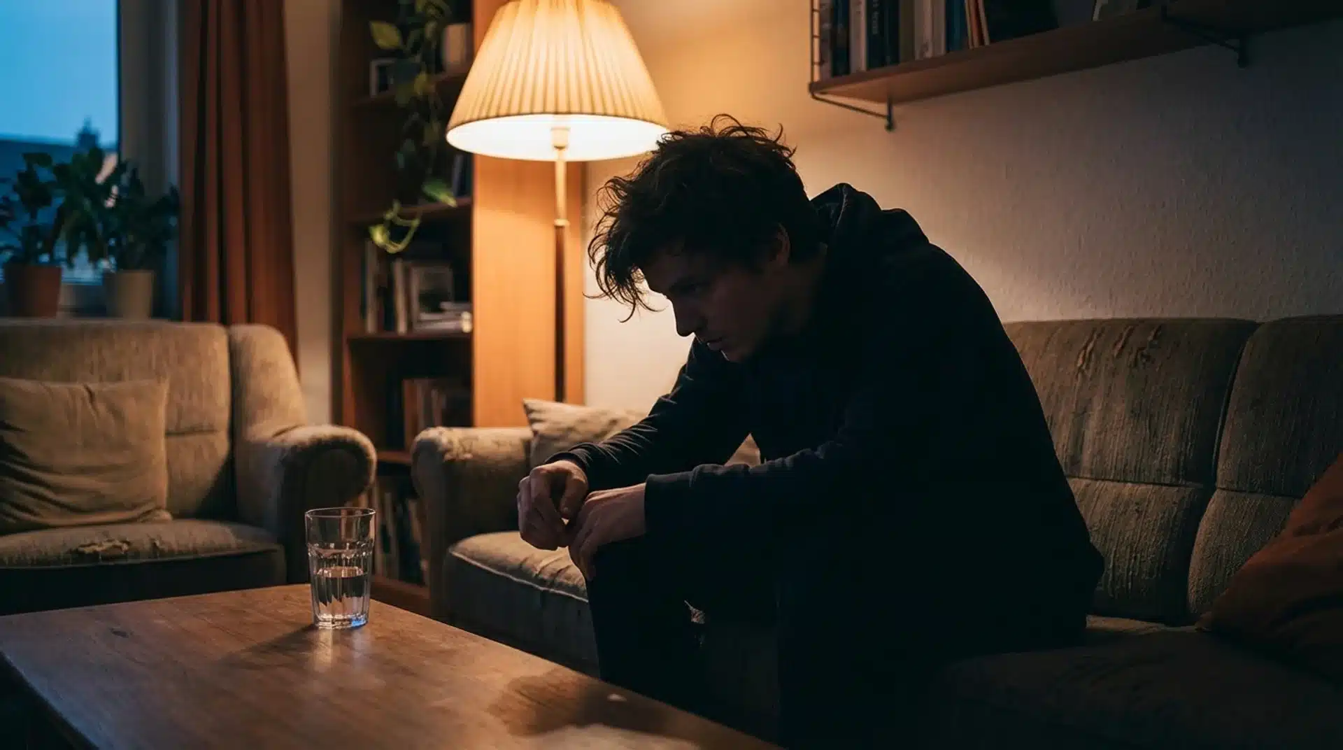 man sitting on couch at night looking distressed, leaning forward with glass of water nearby in softly lit living room