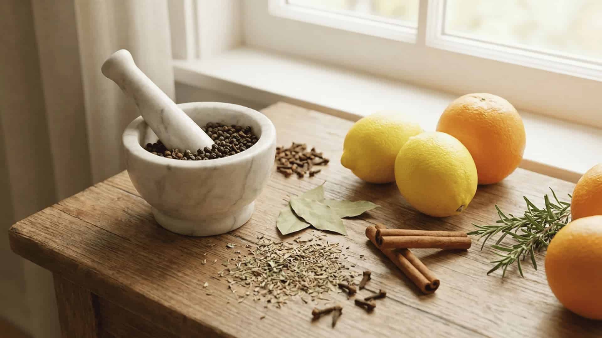 mortar and pestle with black pepper, cloves, cinnamon sticks, bay leaves, and fresh lemons and rosemary