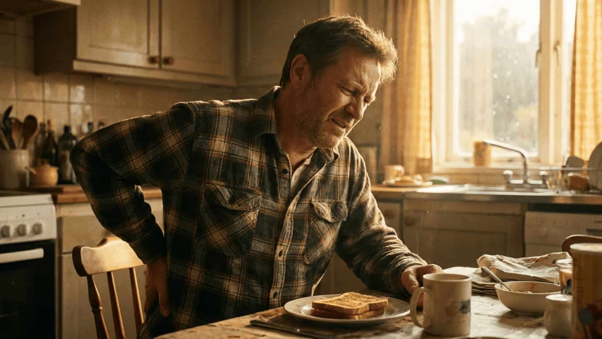 northern lights strain effects chronic pain relief man holding lower back in morning kitchen light