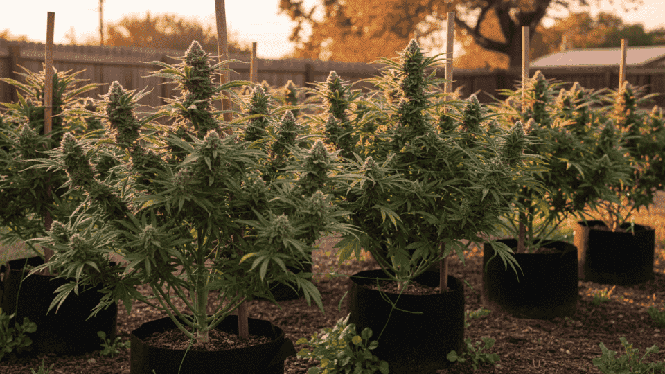 outdoor cannabis plants in fabric pots with wooden supports, growing in a backyard garden during warm sunset light