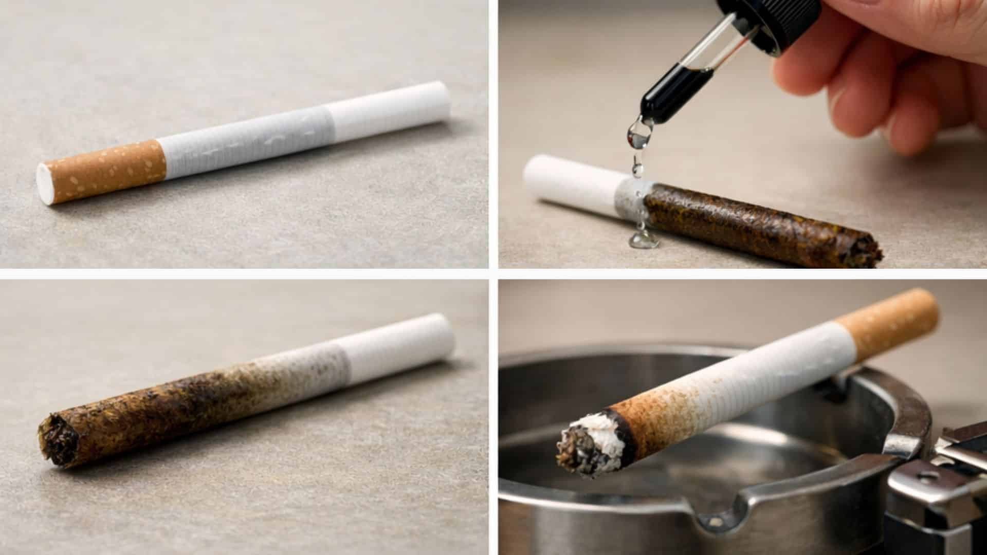 panels showing a cigarette being held, dripped with liquid from a pipette, becoming dark and saturated, then finally burning