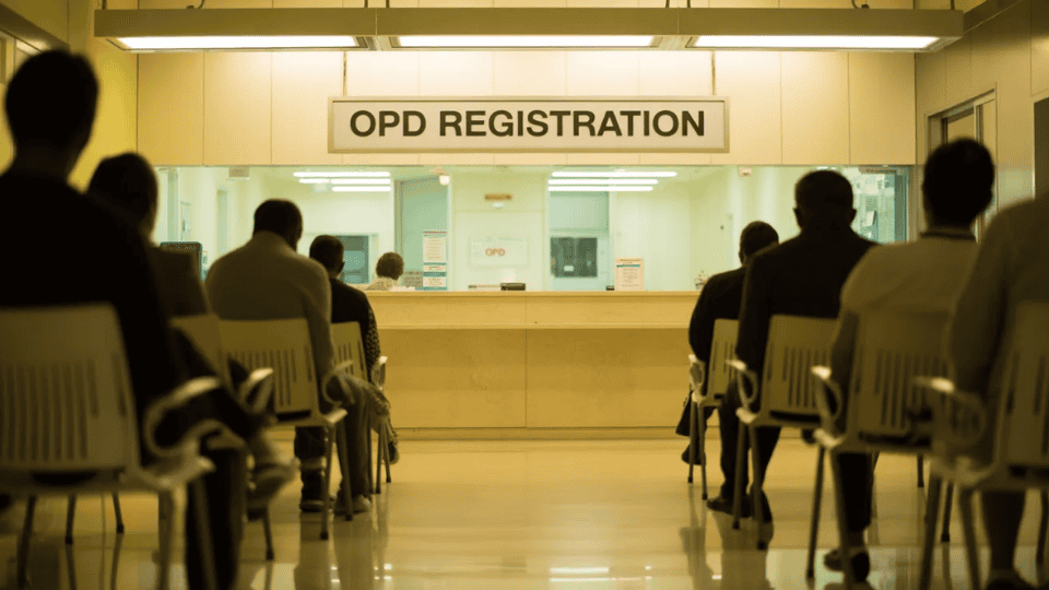 patients seated in rows waiting at an outpatient rehab opd registration counter in a hospital