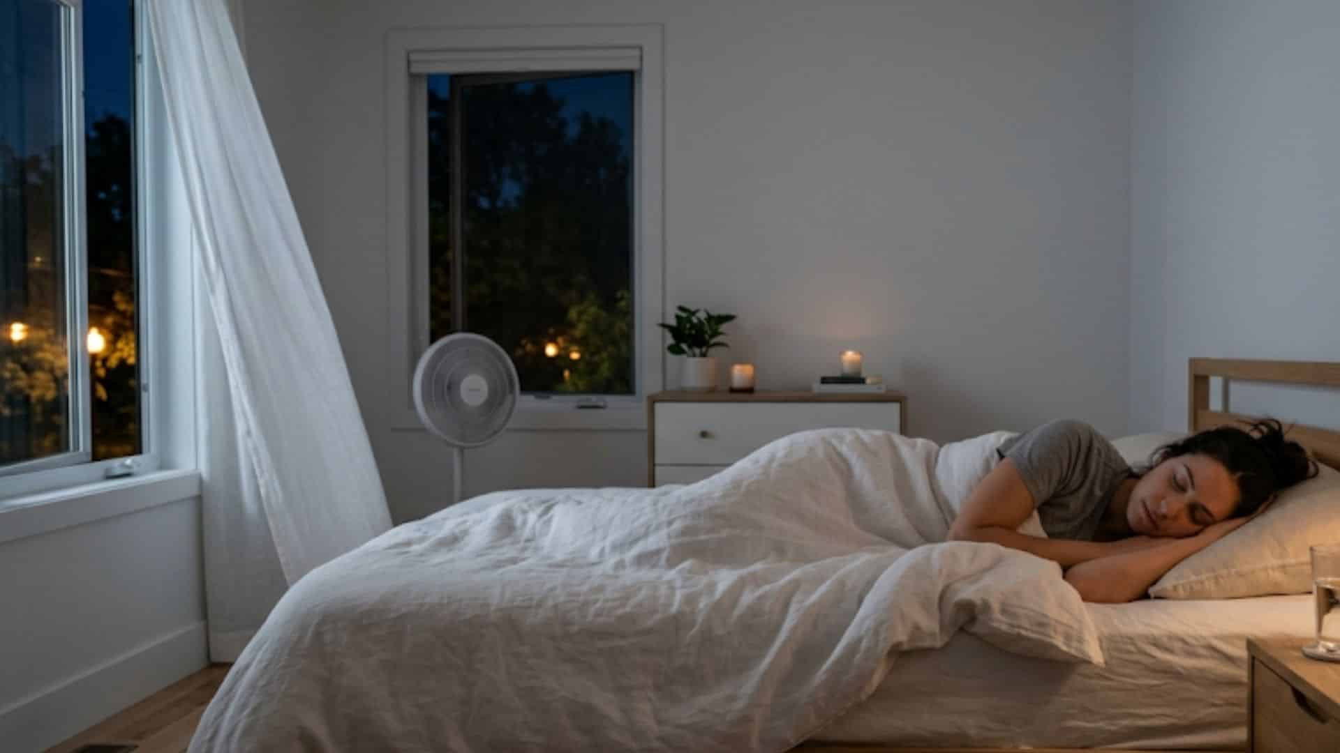 peaceful, realistic nighttime bedroom scene shows a woman sleeping soundly in light linen bedding with a fan and water