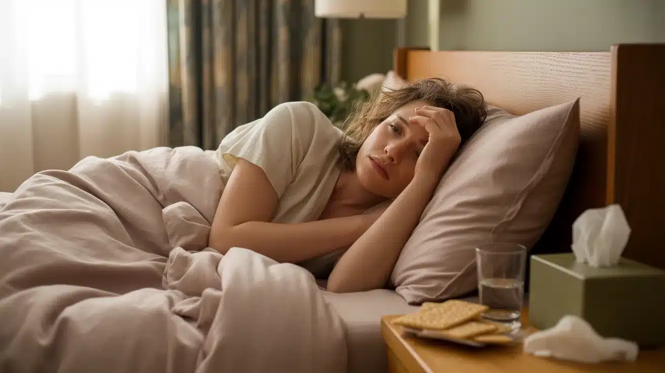 person lying in bed looking unwell, resting with hand on forehead, tissues and crackers on bedside table