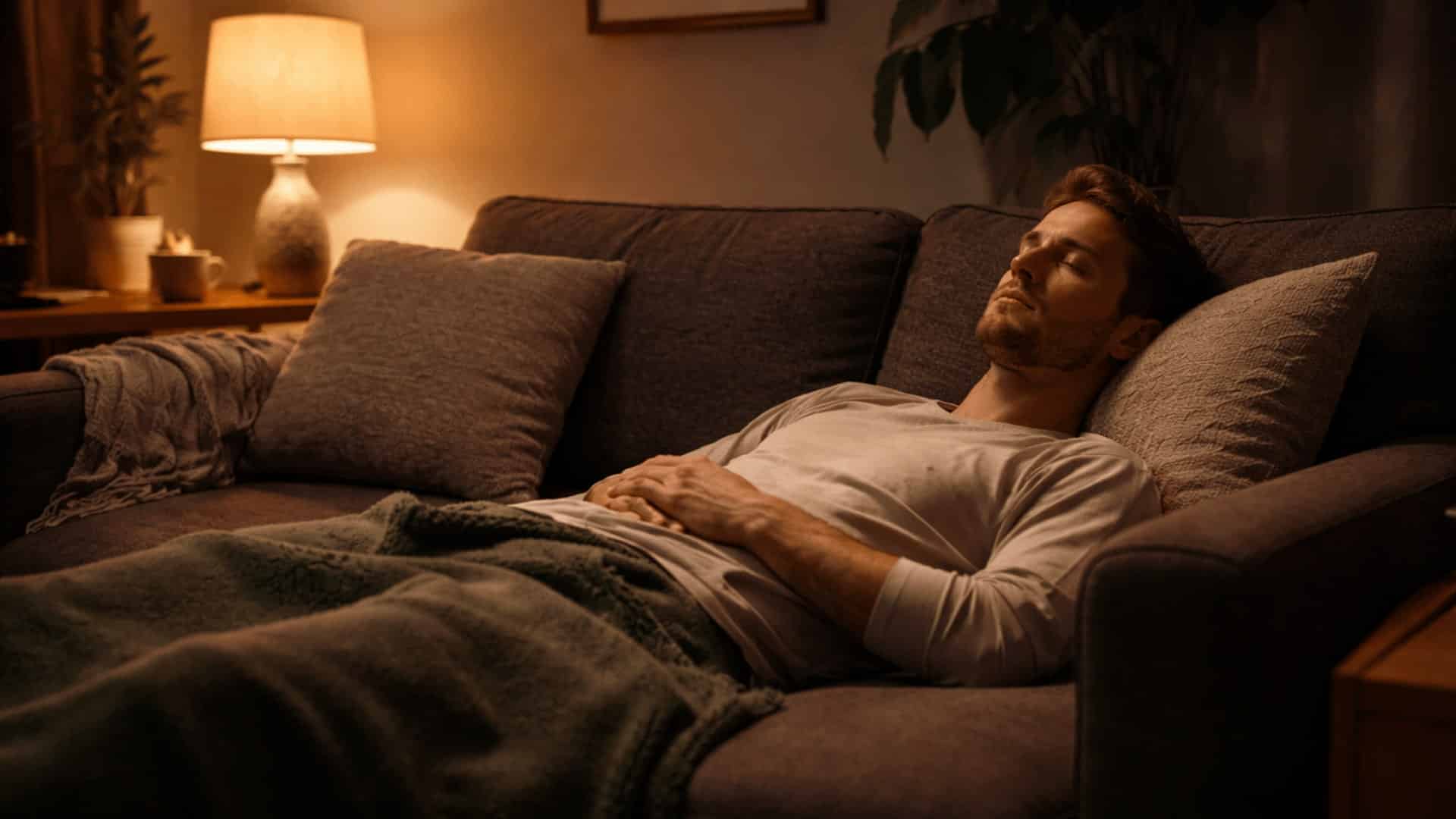 person lying relaxed on a couch in a dimly lit living room with a soft warm lamp glowing nearby