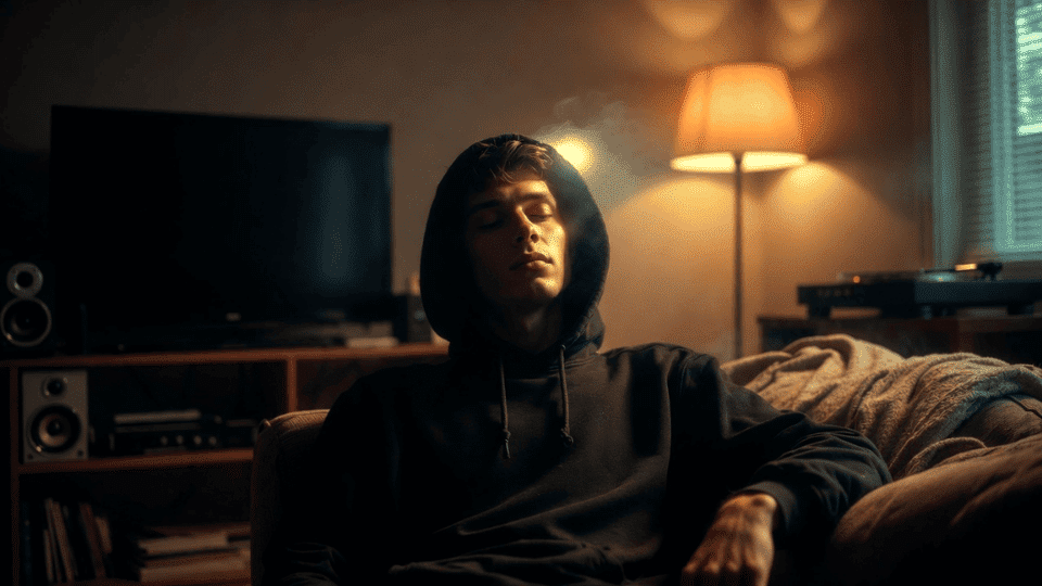 person relaxing on couch with calm mood and soft lighting showing do si dos strain effects