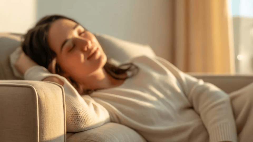 person relaxing with snow caps weed showing stress relief, sleep support, pain relief, and mood boost