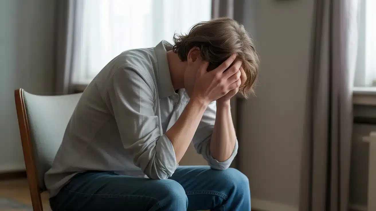 person sitting with a blurred or distorted background to represent confusion and altered perception