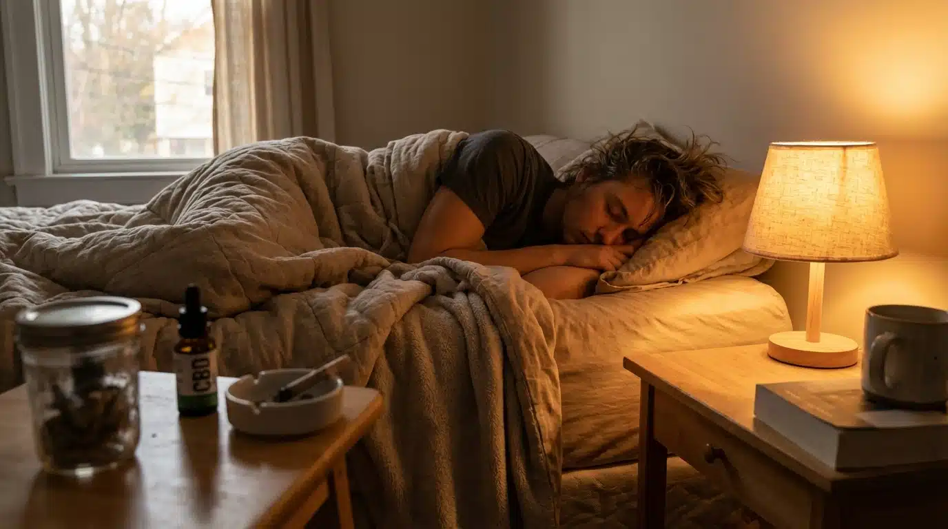 person sleeping in bed under blanket with bedside lamp, cbd oil bottle, ashtray, and jar placed on wooden nightstand