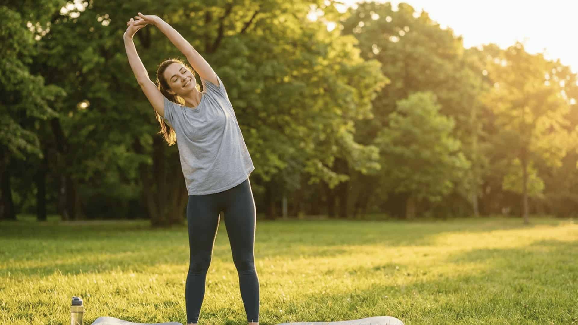 person stretching outdoors in a sunny park with relaxed posture and warm golden hour lighting in the background