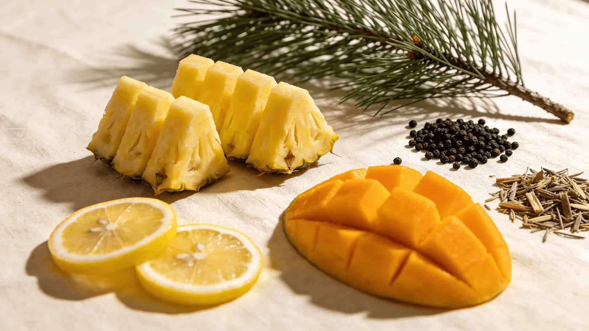 pineapple express strain terpene profile flat lay with pineapple, lemon, mango, pine, and black pepper on linen