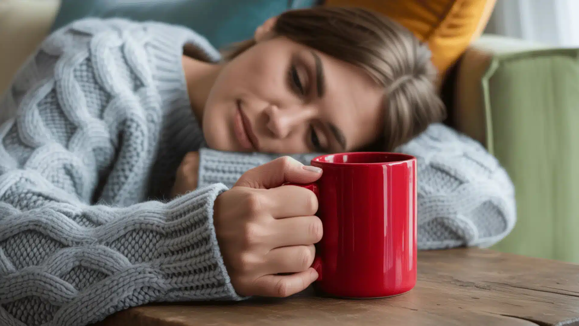 someone resting their head on a gray and white patterned blanket while holding a bright red ceramic mug.