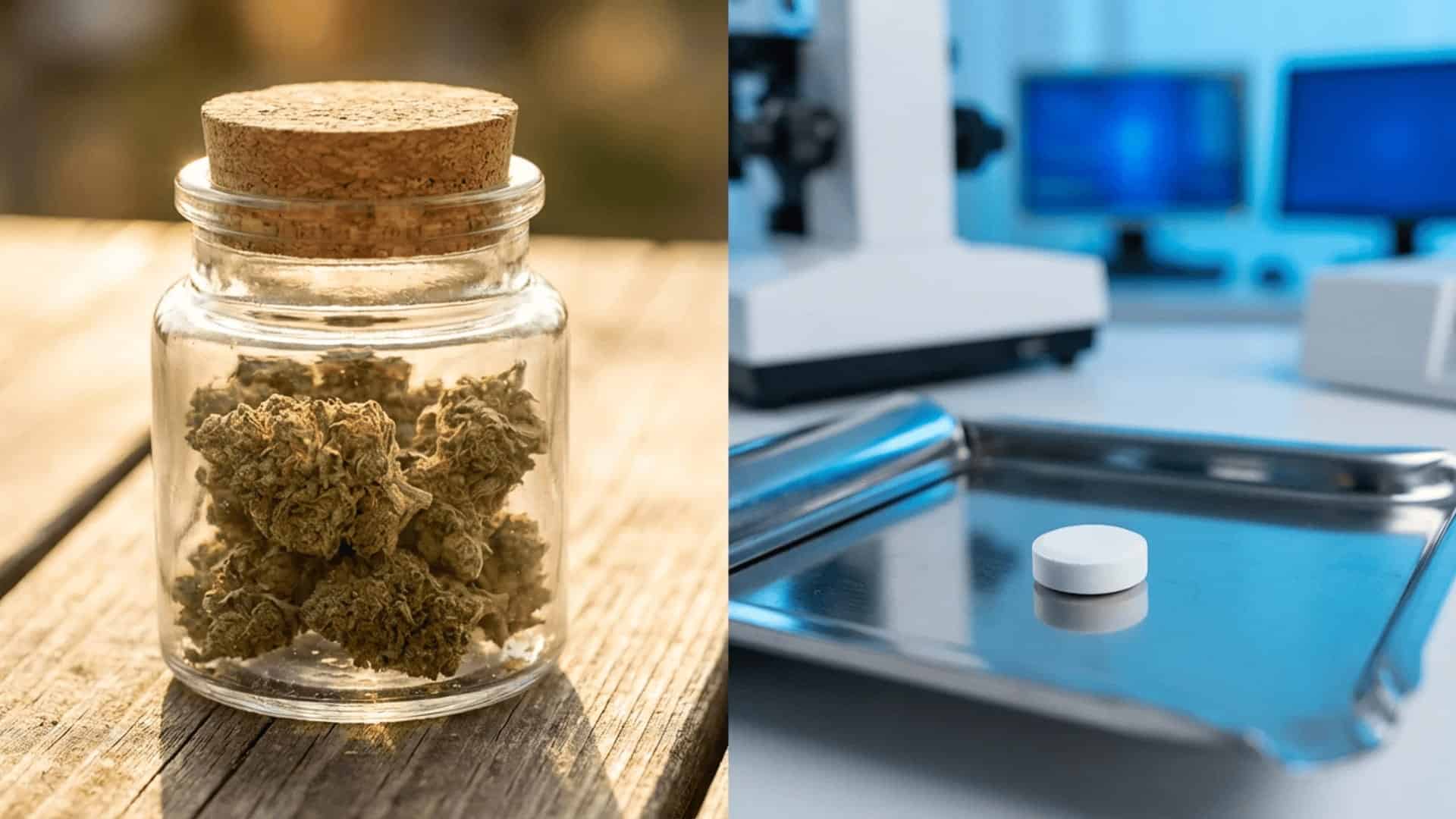 split image of cannabis buds in a jar on one side and sterile clinical surface on the other