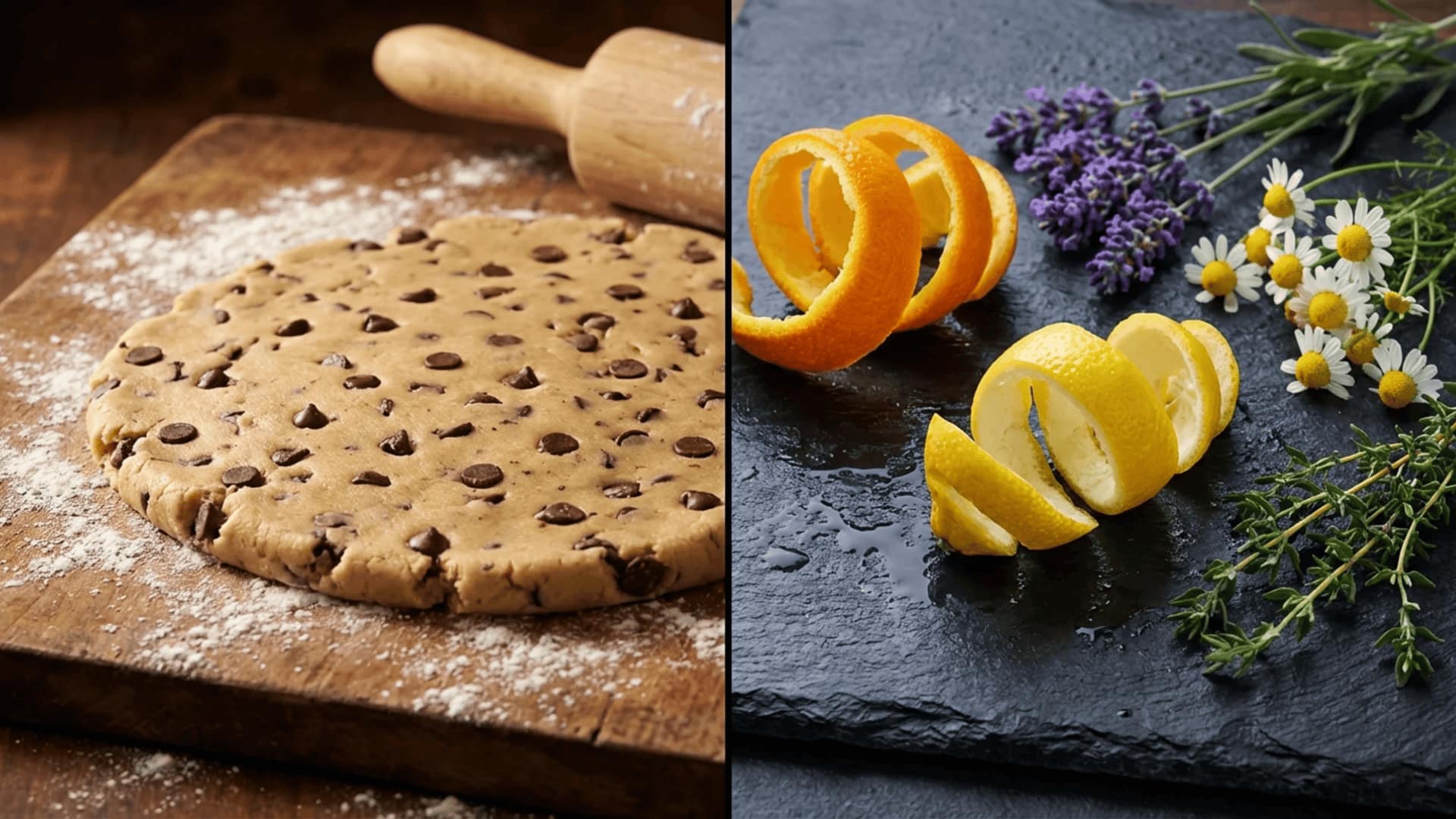 split image of cookie dough on wooden board and citrus rind with floral sprigs on dark slate surface