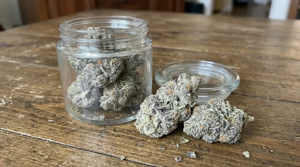the image shows cannabis buds in a glass jar with a lid, some buds placed outside the jar on a wooden surface