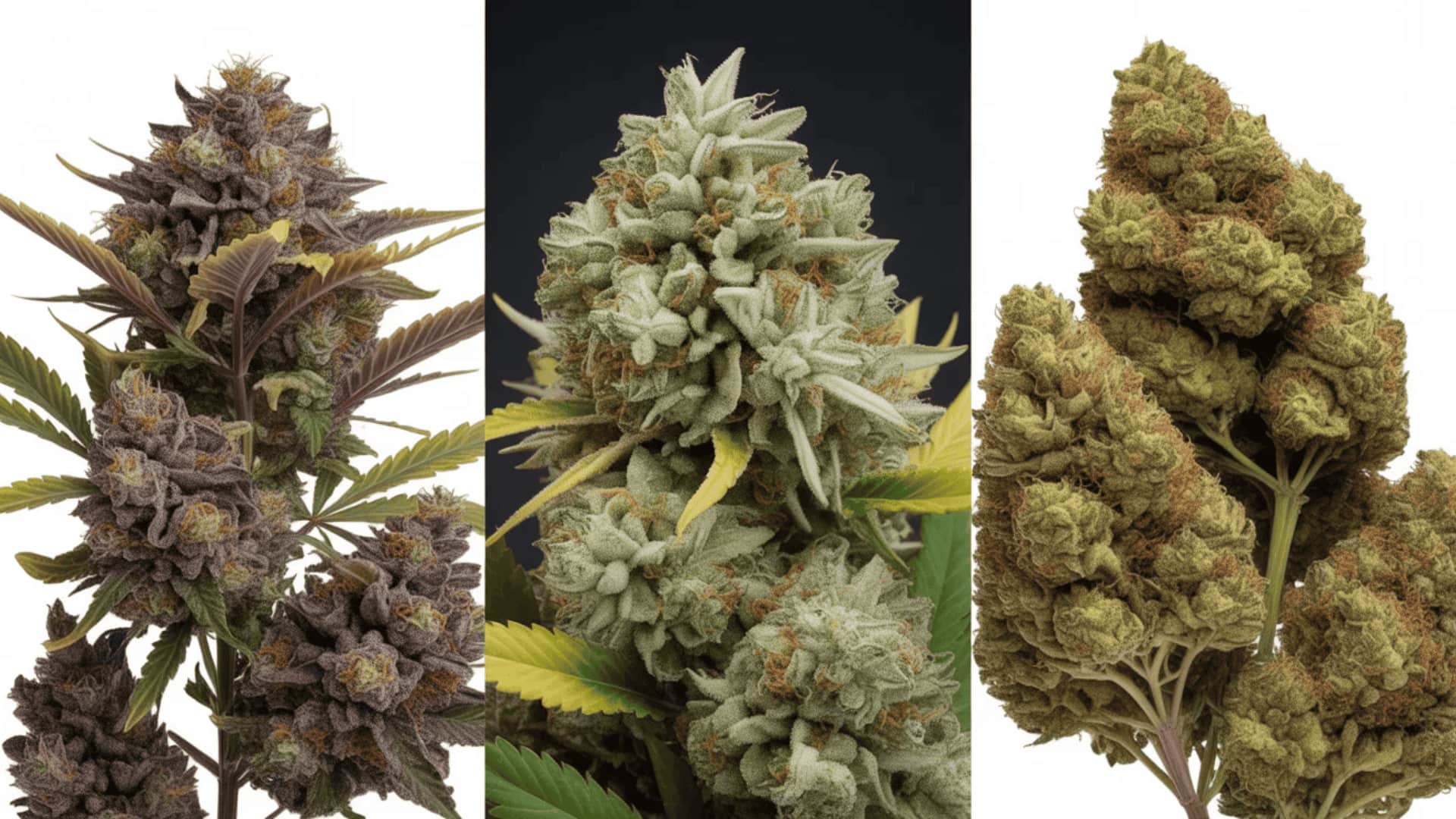 three cannabis bud clusters representing gelatti gelato and biscotti strains placed side by side on white surface