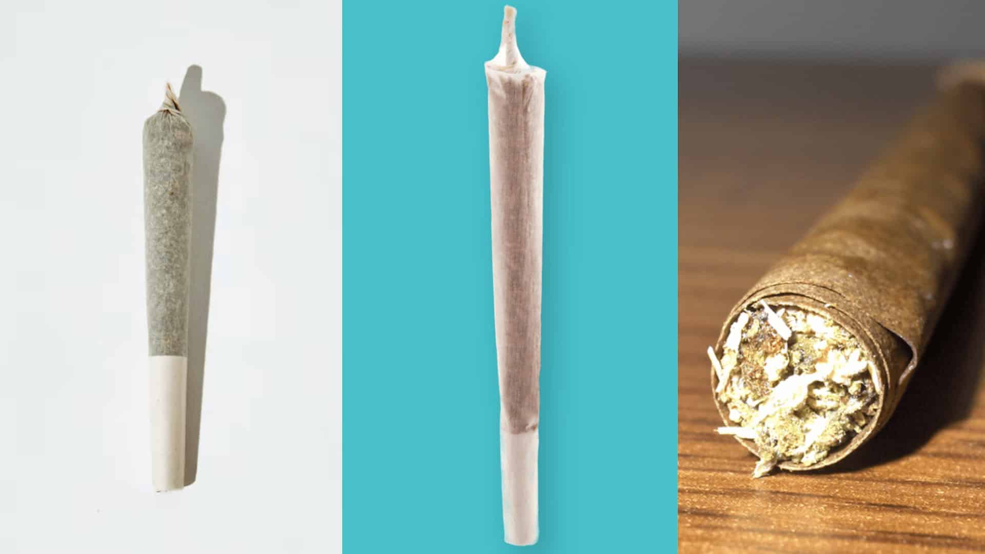 three rolled smokes side by side showing a joint, a blunt, and a lit cigarette with smoke on dark background