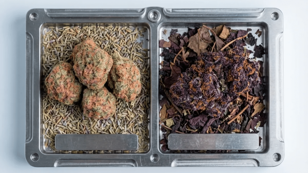 two different types of cannabis, pink and purple, vibrant and beautiful in color in a metal tray for deeper inspection on their components, taste and effects