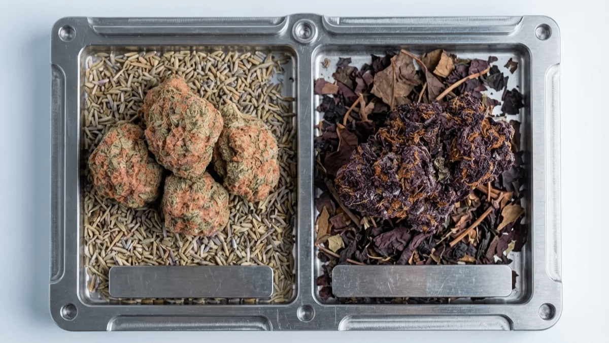 two different types of cannabis, pink and purple, vibrant and beautiful in color in a metal tray for deeper inspection on their components, taste and effects