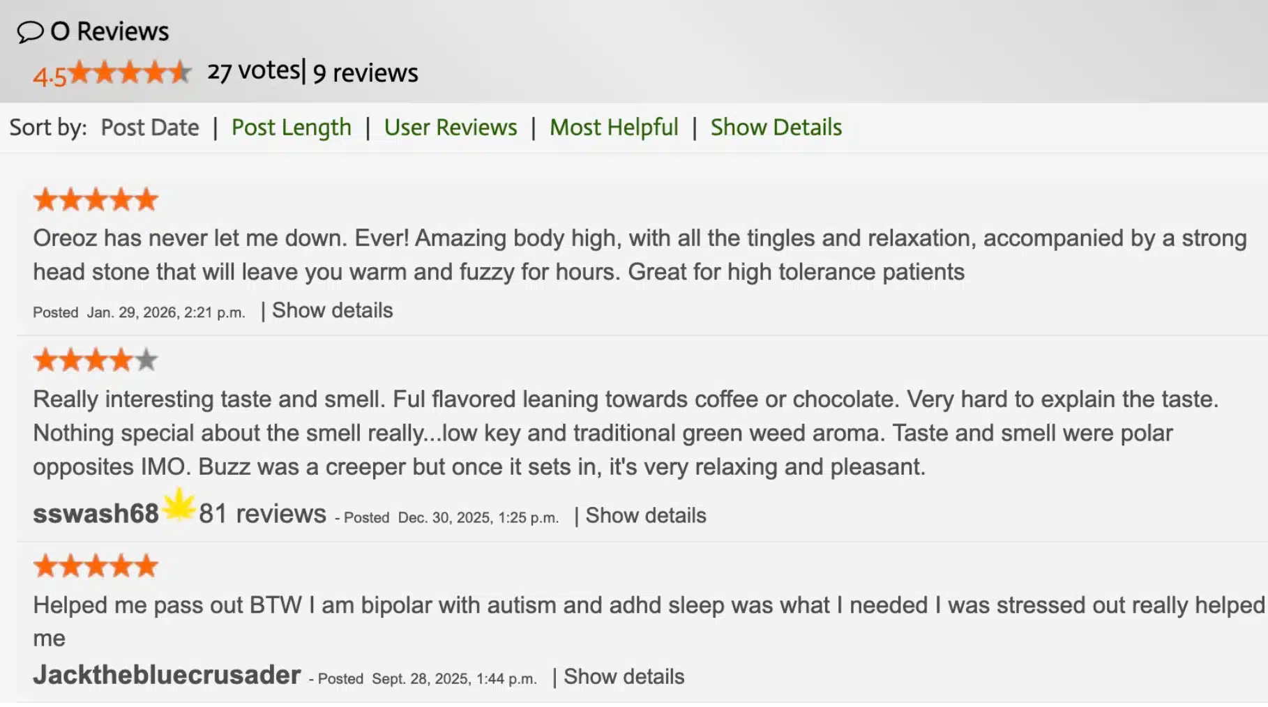 user reviews for oreoz strain, highlighting its relaxing body high, unique taste, and effectiveness for stress relief