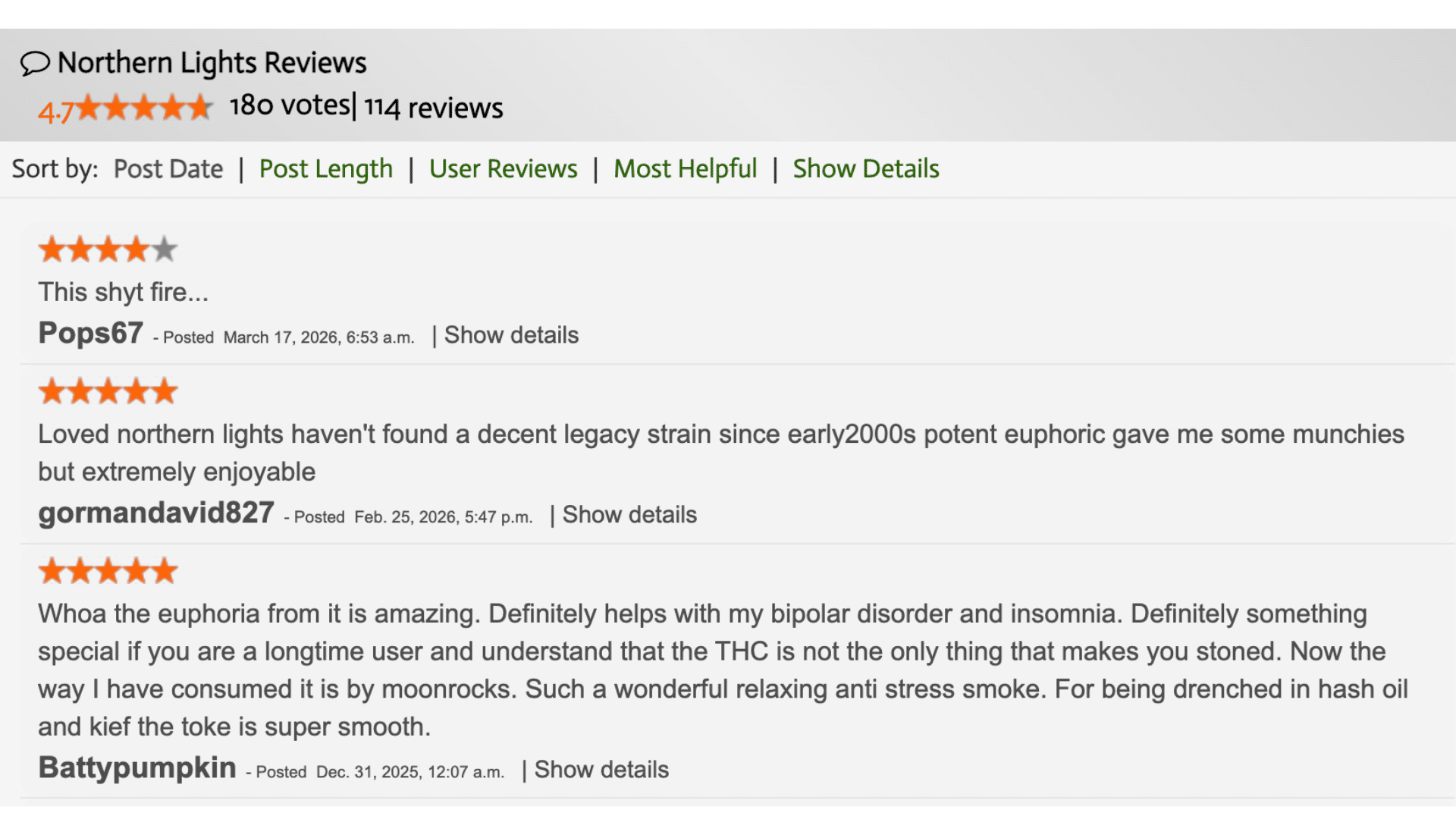 user reviews of northern lights strain highlighting its euphoric effects, relief for insomnia, and mood boosts