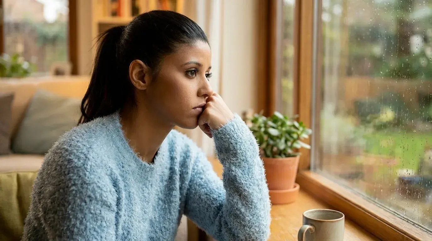 woman looking out the window deep in thought with a cup and plant on the table during a rainy day
