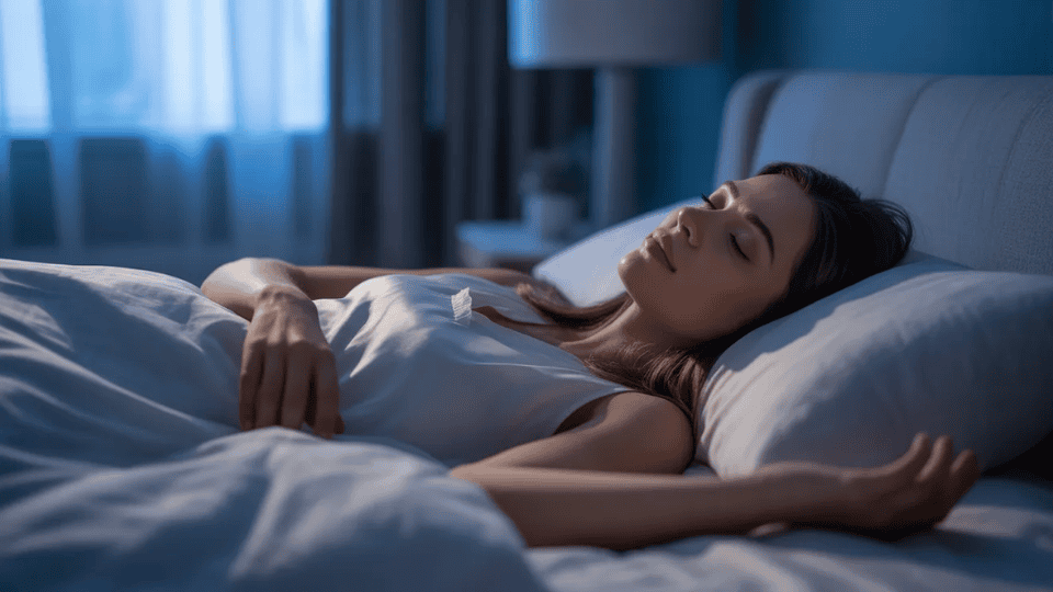 _woman lying peacefully in bed at night just before sleep, representing hypnic jerks during sleep onset