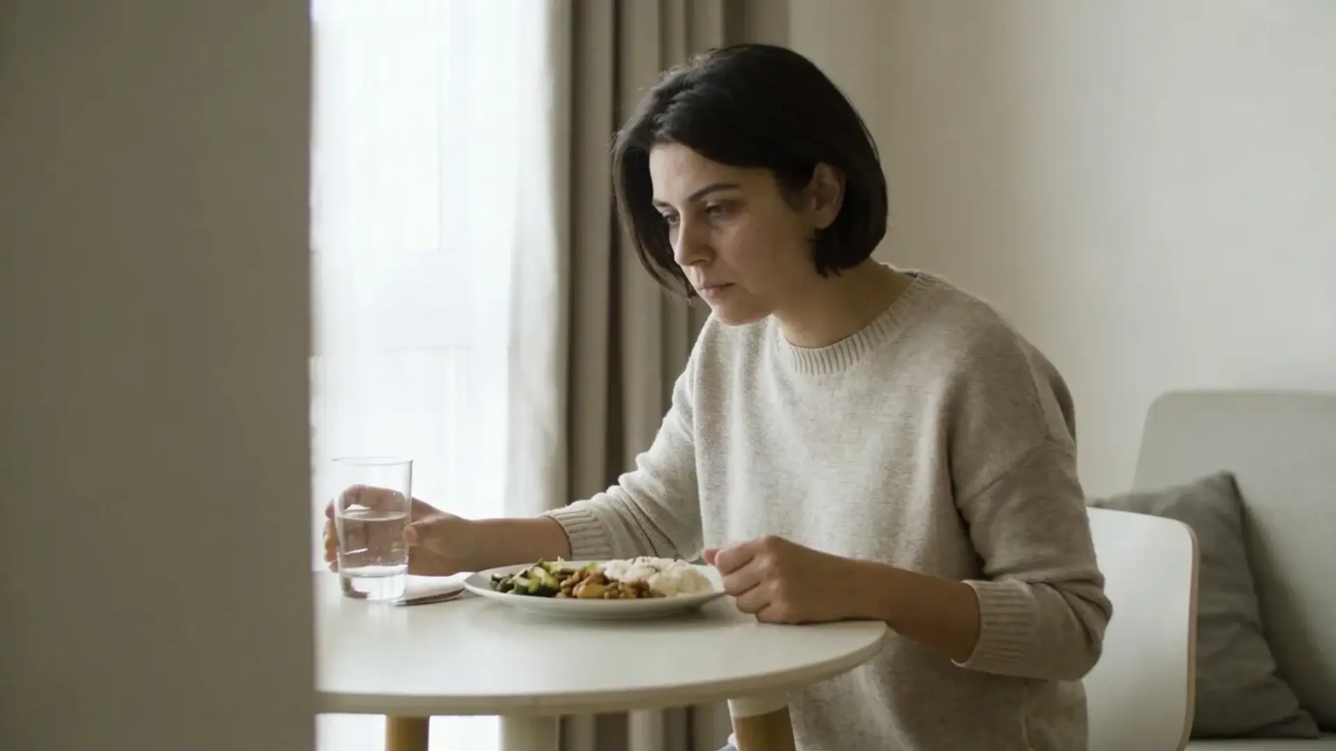 woman with short dark hair sitting at a table eating a healthy meal with a glass of water in a bright neutral room