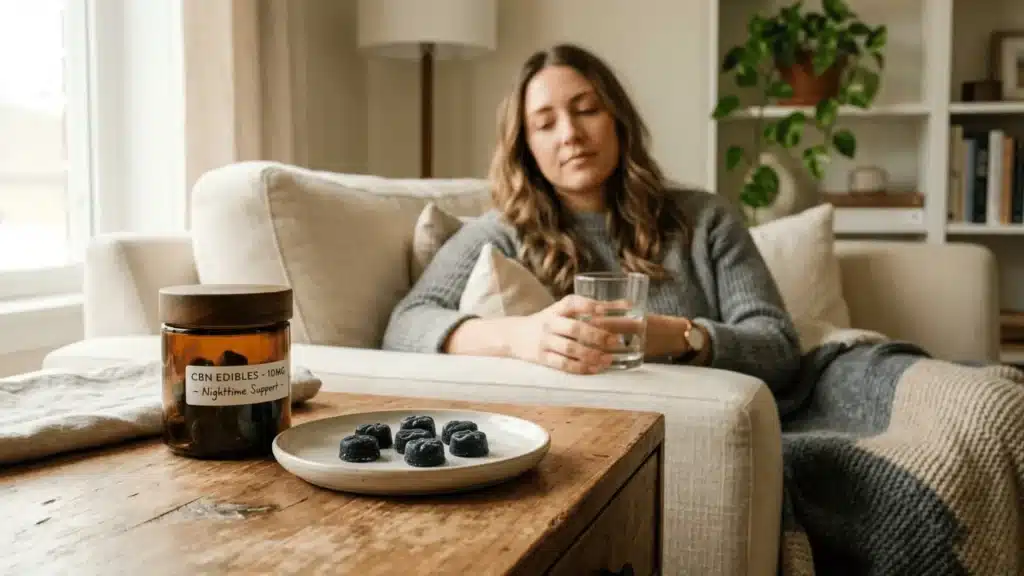women is on the sofa with a glass of water and some cbn edibles on the plate with a jar of cbn right next to it
