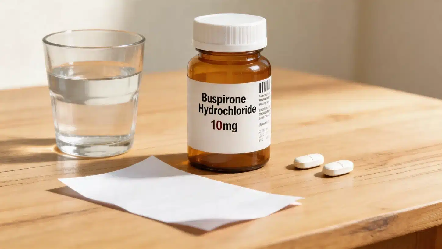 a buspirone hydrochloride prescription bottle with two tablets, a glass of water, and a medication information leaflet