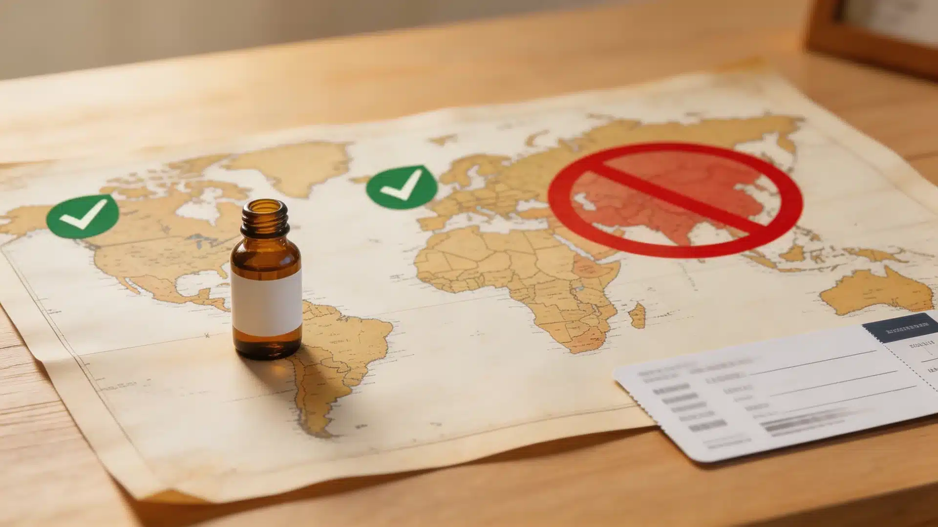 a cbd oil bottle placed on a world map with green marks and a red sign indicating countries where cbd is legal or banned