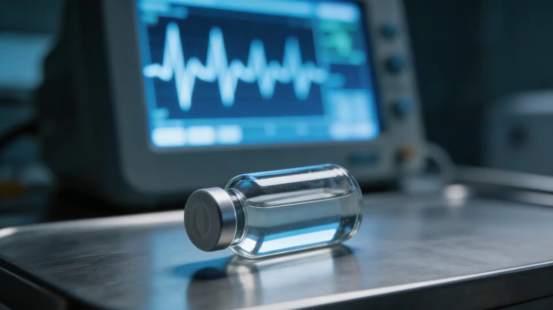 a clear glass medical vial lying on a stainless steel surface with a vital signs monitor displaying irregular readings