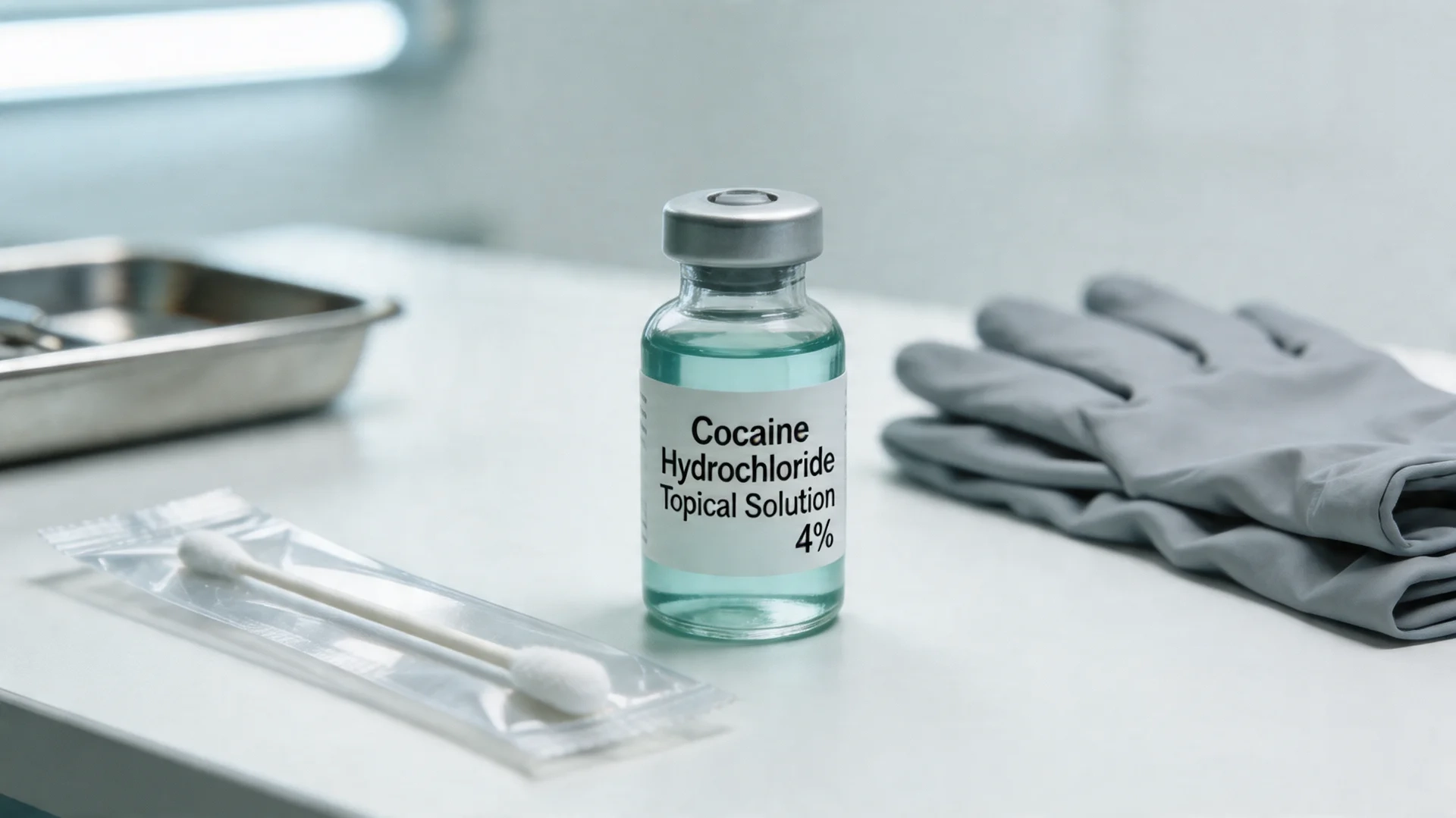 a clinical vial of cocaine hydrochloride topical solution on a medical surface alongside cotton, gloves, and a tray