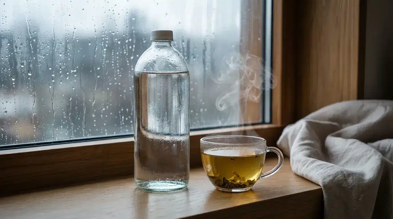 a gass of water and bottle on marble counter with soft light, showing hydration in a simple, clean home kitchen setting (1)