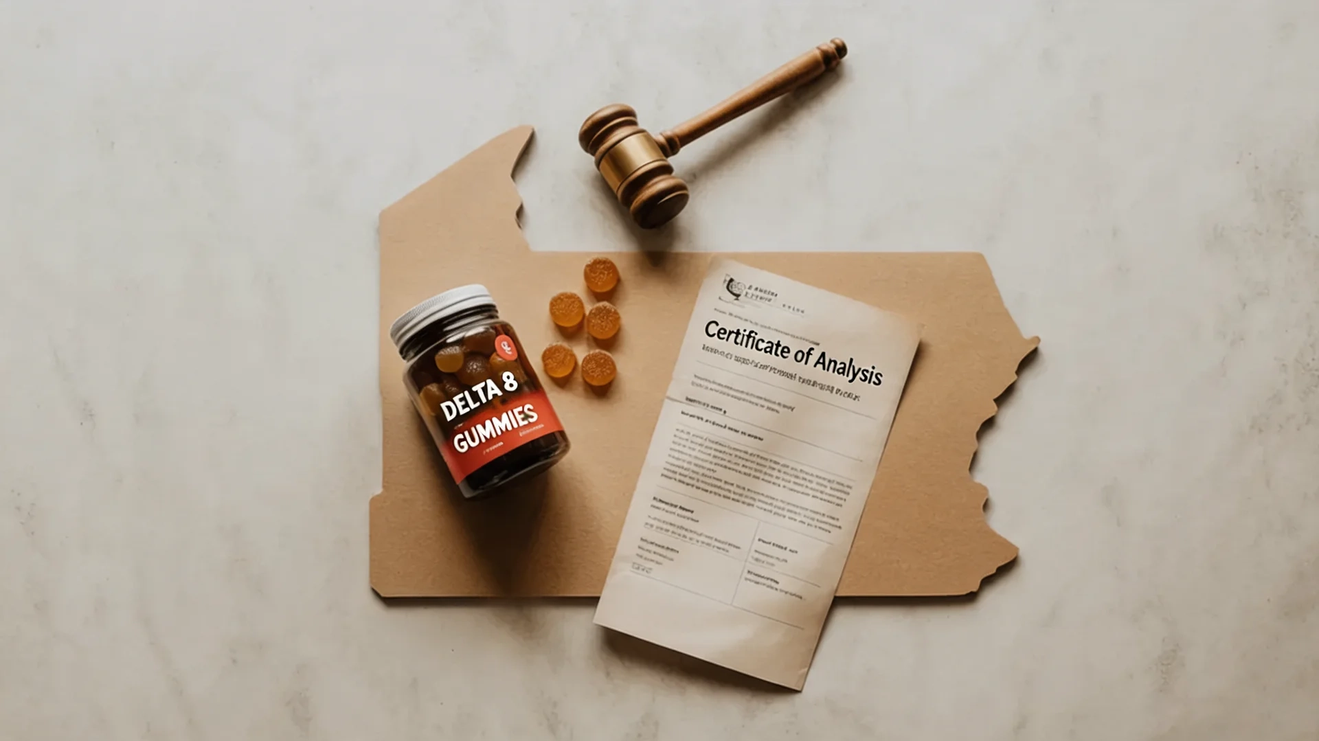 a gummies jar with loose gummies, a certificate of analysis document, and a wooden gavel on a cardboard cutout